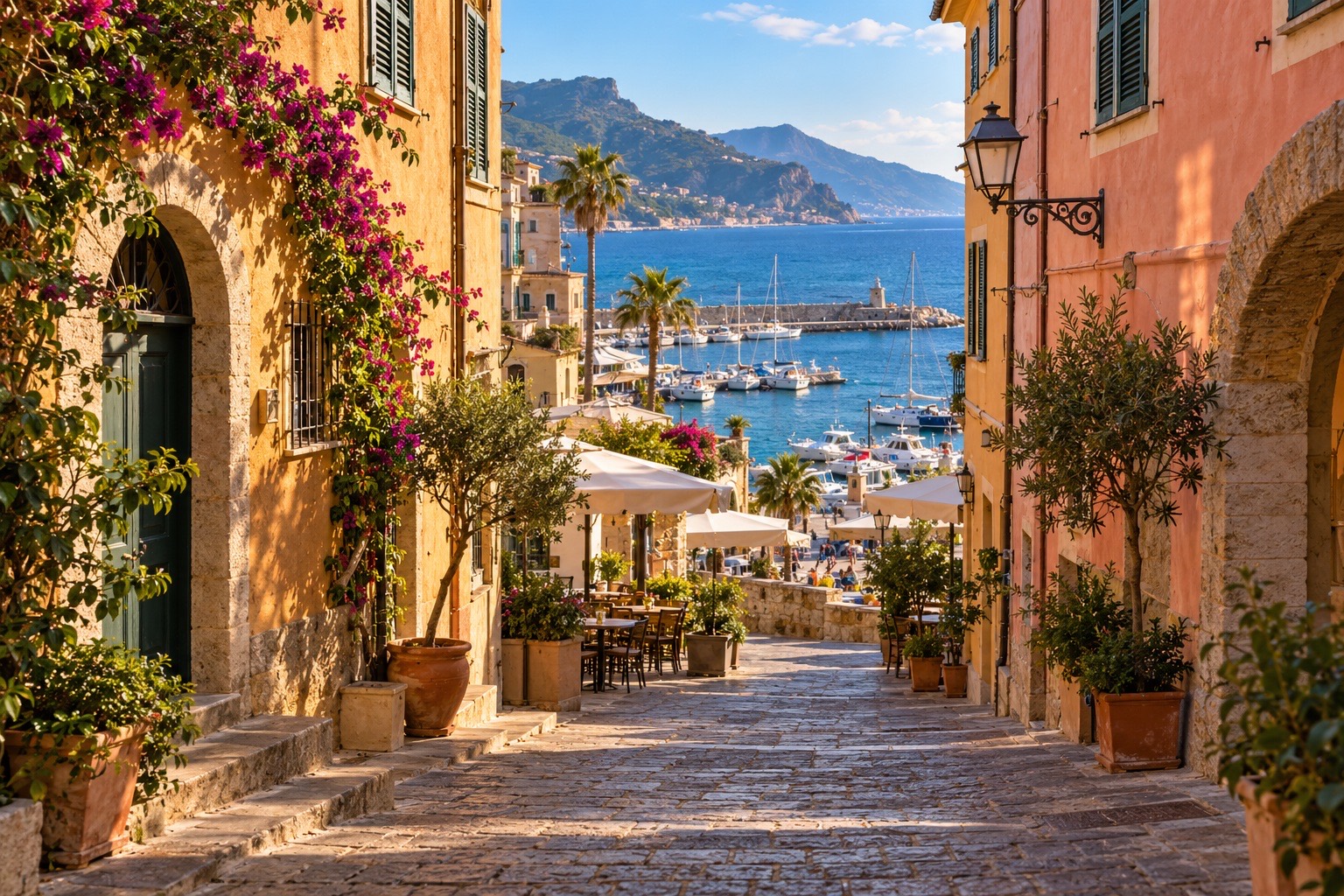 Vicolo ligure con fiori che scende verso il porto, immagine illustrativa